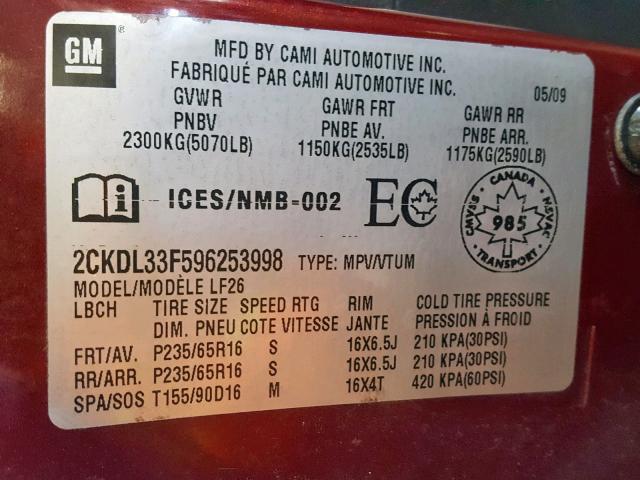 2CKDL33F596253998 - 2009 PONTIAC TORRENT BURGUNDY photo 10