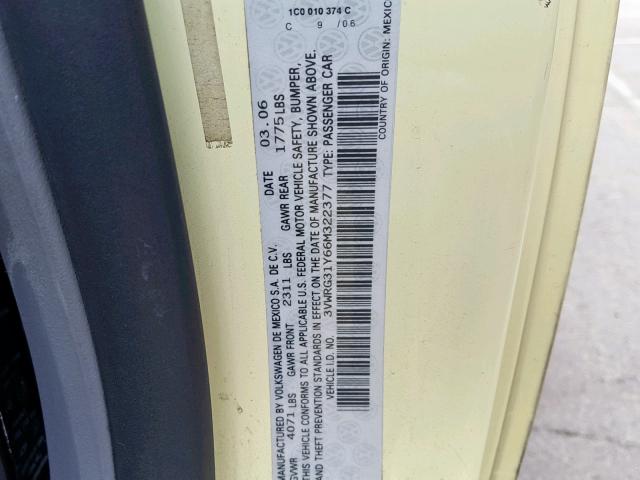 3VWRG31Y66M322377 - 2006 VOLKSWAGEN NEW BEETLE ყვითელი ფოტო 10
