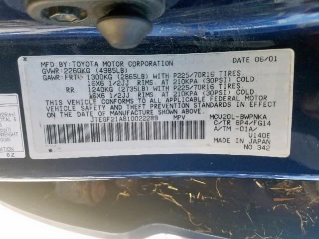 JTEGF21A810022289 - 2001 TOYOTA HIGHLANDER BLUE photo 10