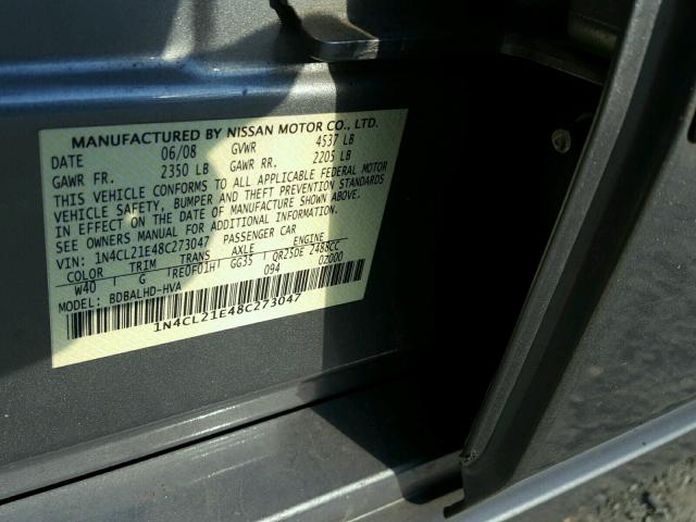 1N4CL21E48C273047 - 2008 NISSAN ALTIMA HYB GRAY photo 10