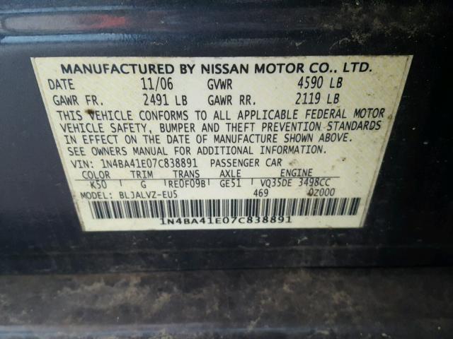 1N4BA41E07C838891 - 2007 NISSAN MAXIMA SE BLUE photo 10