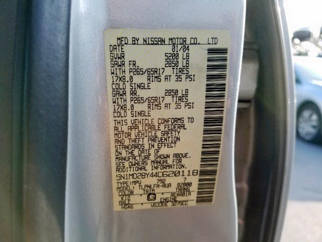 5N1MD28Y44C620118 - 2004 NISSAN XTERRA SE SILVER photo 10