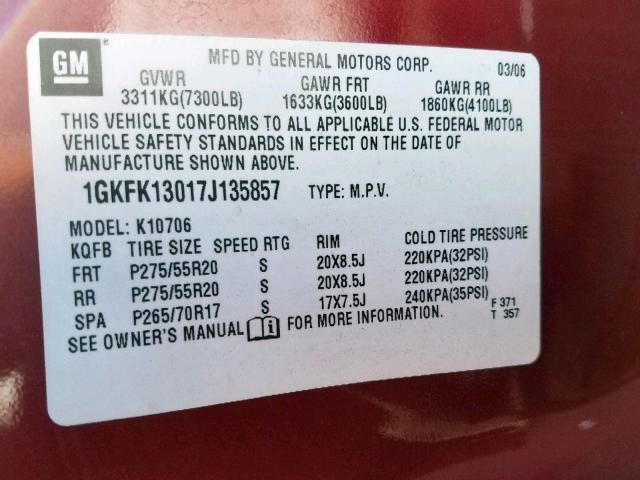 1GKFK13017J135857 - 2007 GMC YUKON RED photo 10