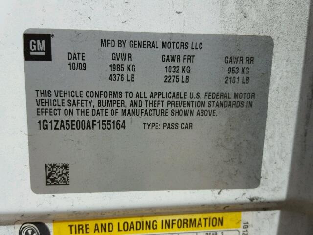 1G1ZA5E00AF155164 - 2010 CHEVROLET MALIBU LS თეთრი ფოტო 10