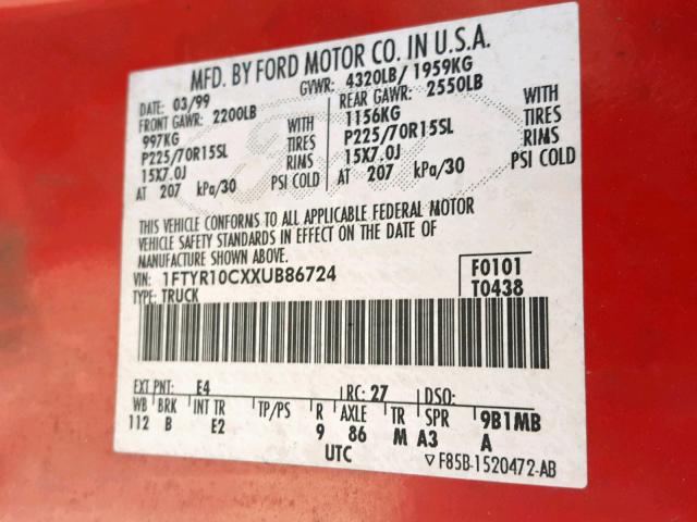 1FTYR10CXXUB86724 - 1999 FORD RANGER RED photo 10