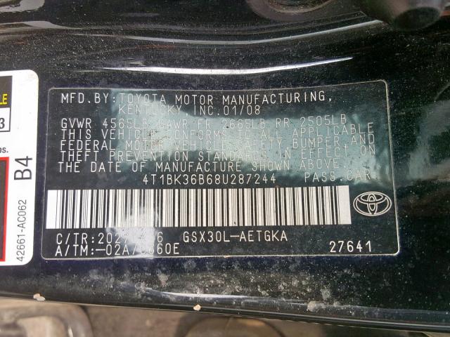 4T1BK36B68U287244 - 2008 TOYOTA AVALON BLACK photo 10