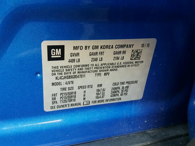 KL4CJHSB9GB547011 - 2016 BUICK ENCORE PRE BLUE photo 10