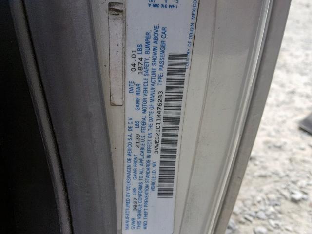 3VWED21C11M476283 - 2001 VOLKSWAGEN NEW BEETLE ვერცხლისფერი ფოტო 10