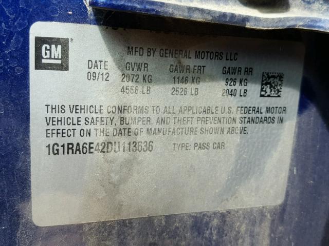 1G1RA6E42DU113636 - 2013 CHEVROLET VOLT BLUE photo 10