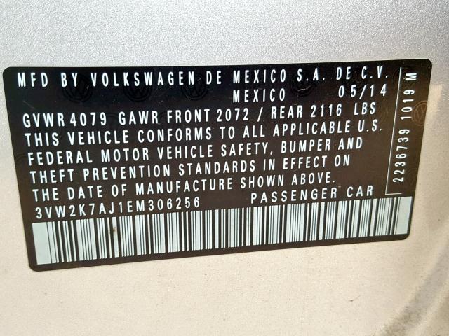 3VW2K7AJ1EM306256 - 2014 VOLKSWAGEN JETTA BASE SILVER photo 10