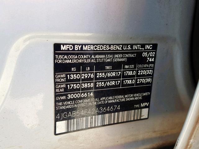 4JGAB54E42A364674 - 2002 MERCEDES-BENZ ML 320 SILVER photo 10