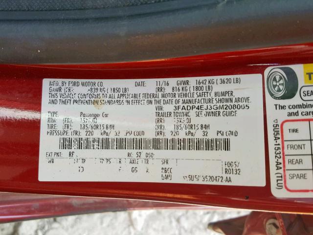 3FADP4EJ3GM208005 - 2016 FORD FIESTA SE RED photo 10