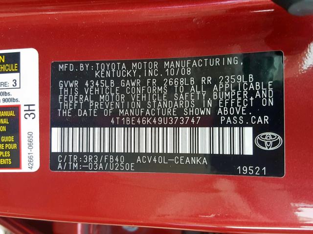 4T1BE46K49U373747 - 2009 TOYOTA CAMRY BASE RED photo 10