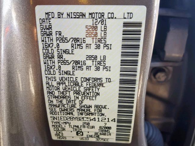 5N1ED28Y82C541214 - 2002 NISSAN XTERRA XE GOLD photo 10