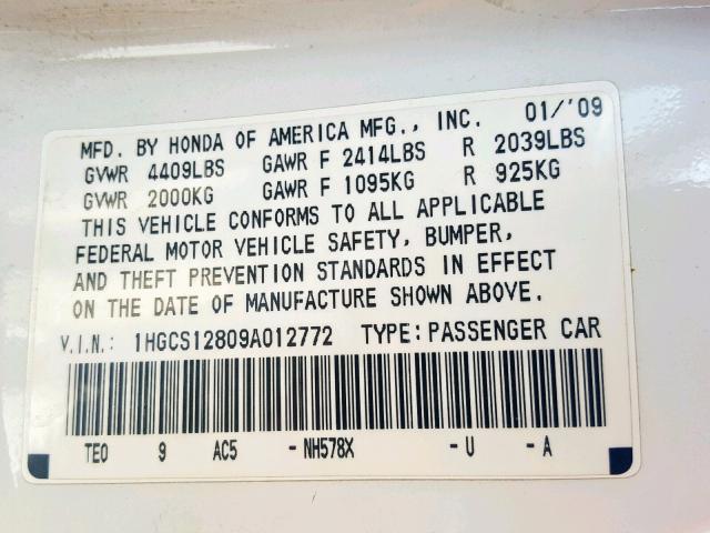 1HGCS12809A012772 - 2009 HONDA ACCORD EXL WHITE photo 10