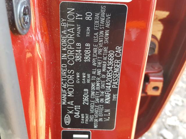 KNAFU4A20B5436680 - 2011 KIA FORTE EX RED photo 10