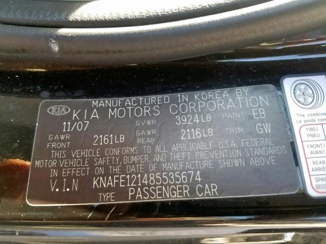 KNAFE121485535674 - 2008 KIA SPECTRA EX BLACK photo 10