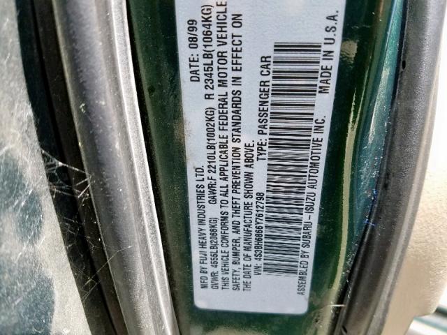 4S3BH6866Y7612798 - 2000 SUBARU LEGACY OUT GREEN photo 10