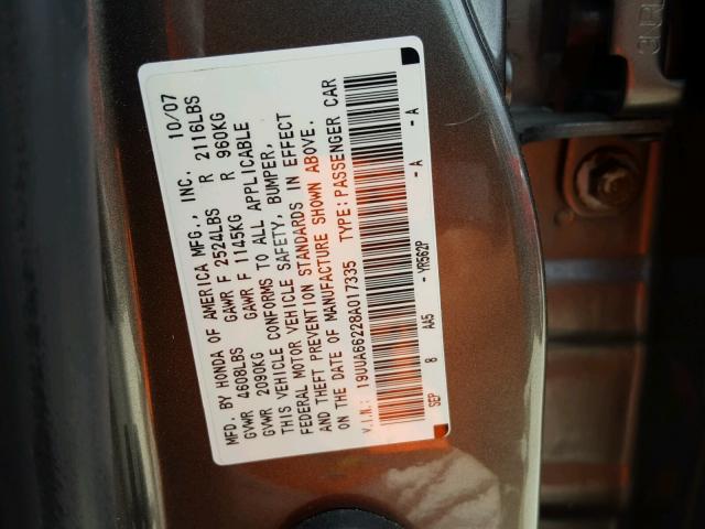 19UUA66228A017335 - 2008 ACURA TL GRAY photo 10