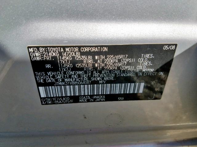 JTMBK31V885064087 - 2008 TOYOTA RAV4 LIMIT SILVER photo 10