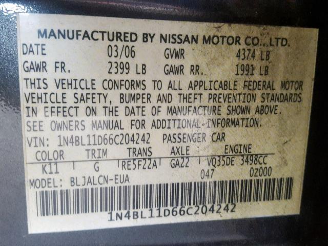 1N4BL11D66C204242 - 2006 NISSAN ALTIMA SE BLACK photo 10