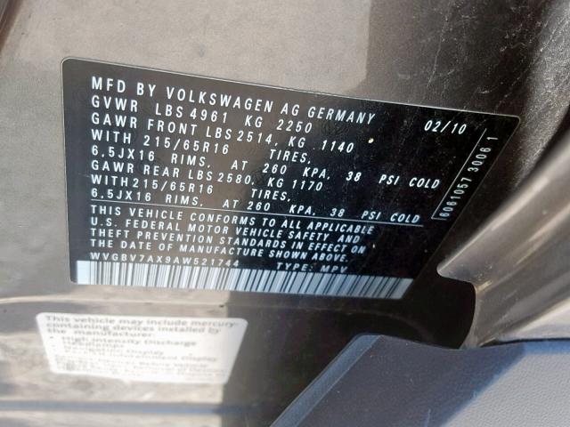 WVGBV7AX9AW521744 - 2010 VOLKSWAGEN TIGUAN SE GRAY photo 10