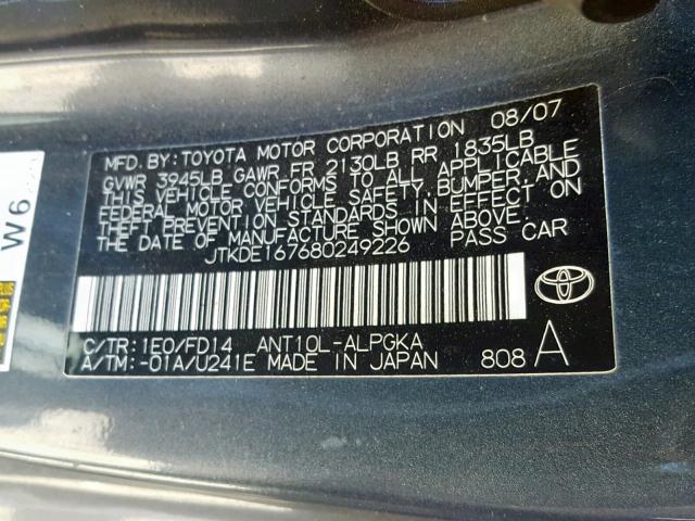 JTKDE167680249226 - 2008 TOYOTA SCION TC თეთრი ფოტო 10