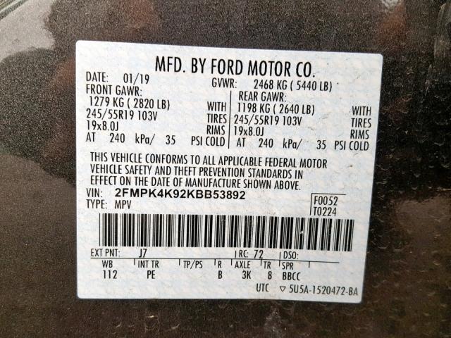 2FMPK4K92KBB53892 - 2019 FORD EDGE TITAN GRAY photo 10