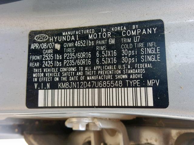 KM8JN12D47U685548 - 2007 HYUNDAI TUCSON SE SILVER photo 10