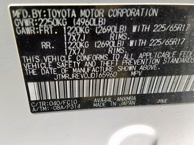 JTMRJREV0JD165960 - 2018 TOYOTA RAV4 HV LE WHITE photo 10