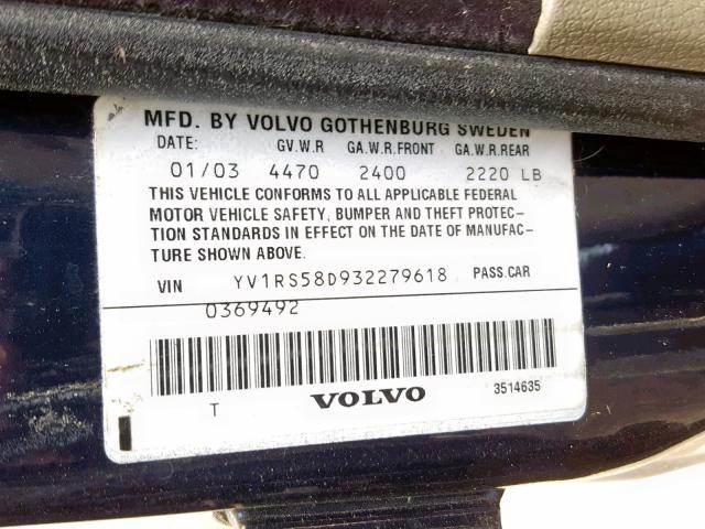 YV1RS58D932279618 - 2003 VOLVO S60 2.4T BLUE photo 10
