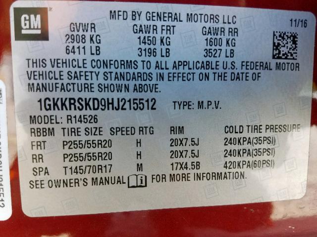 1GKKRSKD9HJ215512 - 2017 GMC ACADIA LIM MAROON photo 10