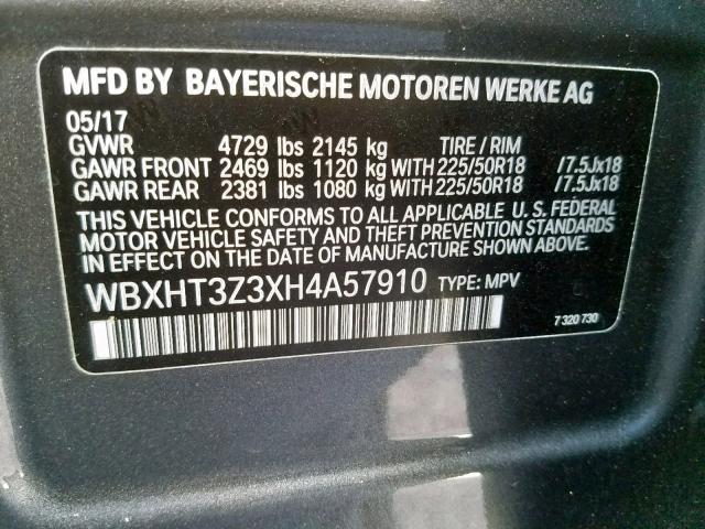 WBXHT3Z3XH4A57910 - 2017 BMW X1 XDRIVE2 BLACK photo 10