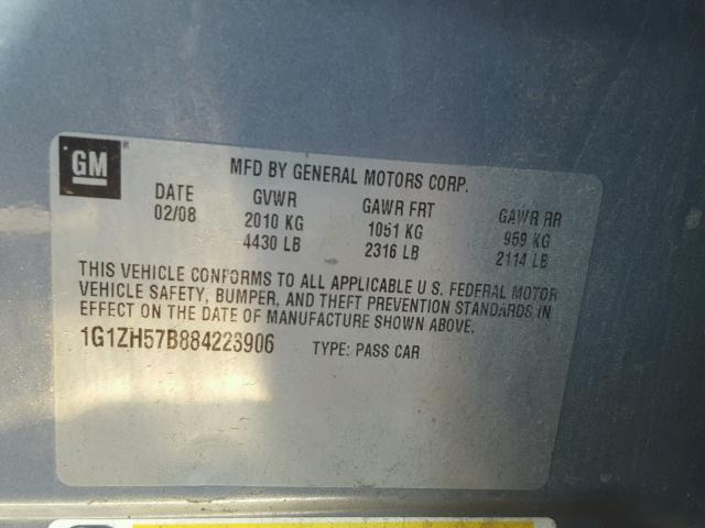 1G1ZH57B884223906 - 2008 CHEVROLET MALIBU 1LT BLUE photo 10