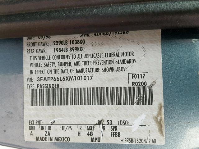 3FAFP66L6XM101017 - 1999 FORD CONTOUR SE BLUE photo 10