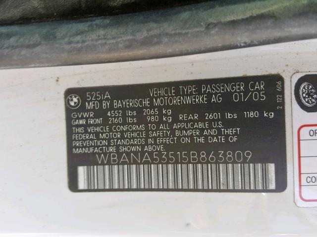 WBANA53515B863809 - 2005 BMW 525 I WHITE photo 10