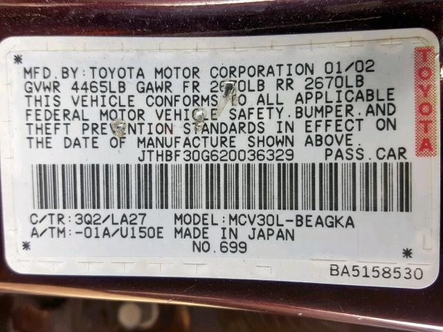 JTHBF30G620036329 - 2002 LEXUS ES 300 MAROON photo 10