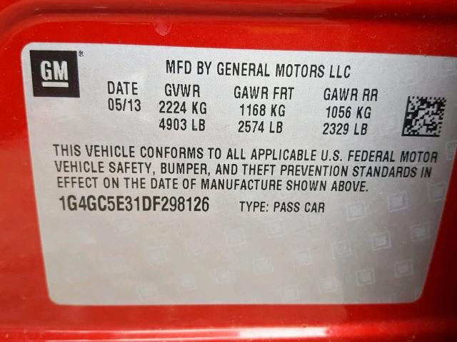 1G4GC5E31DF298126 - 2013 BUICK LACROSSE RED photo 10