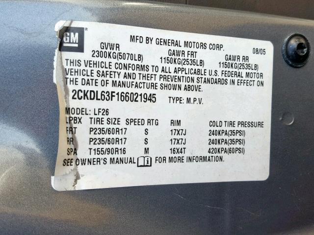 2CKDL63F166021945 - 2006 PONTIAC TORRENT GRAY photo 10