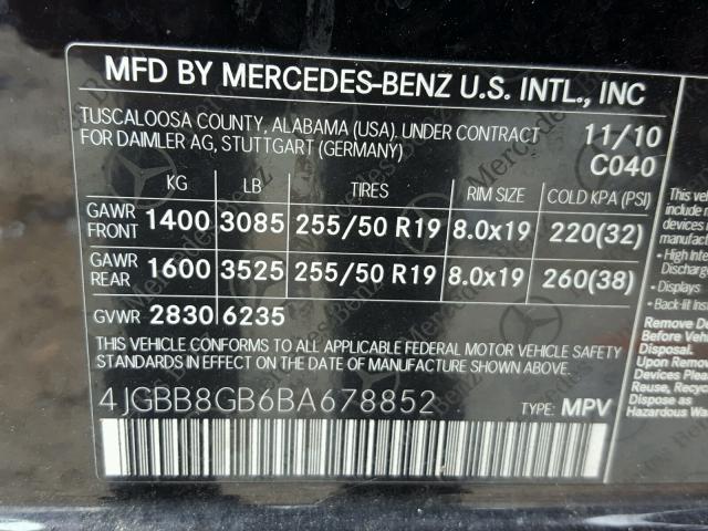 4JGBB8GB6BA678852 - 2011 MERCEDES-BENZ ML 350 4MA BLACK photo 10