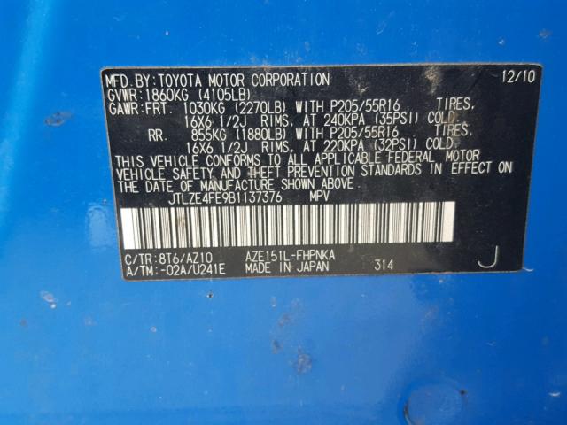 JTLZE4FE9B1137376 - 2011 TOYOTA SCION XB Көк фото 10