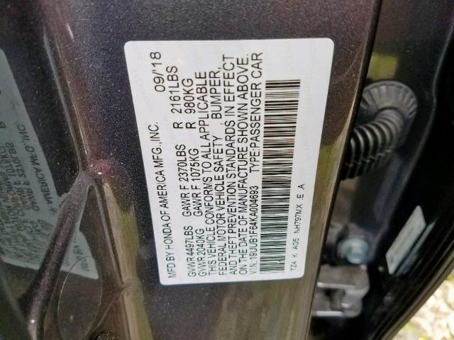 19UUB1F64KA004693 - 2019 ACURA TLX GRAY photo 10