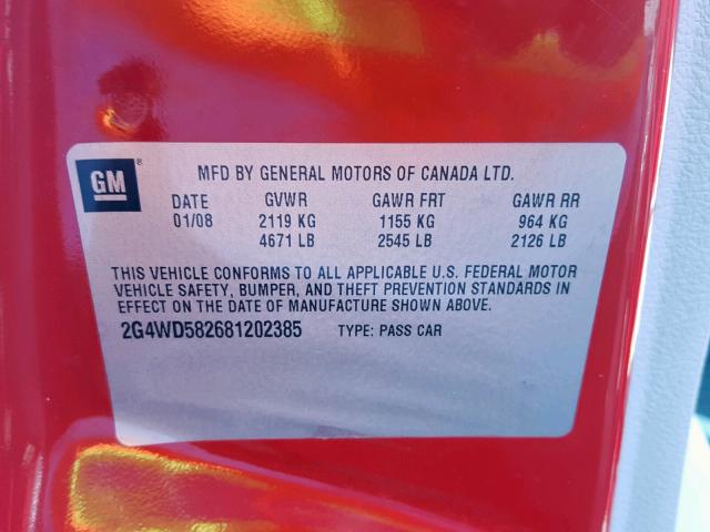 2G4WD582681202385 - 2008 BUICK LACROSSE C RED photo 10