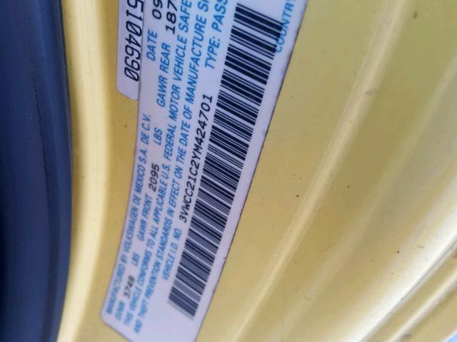 3VWCC21C2YM424701 - 2000 VOLKSWAGEN NEW BEETLE Sarı foto 10