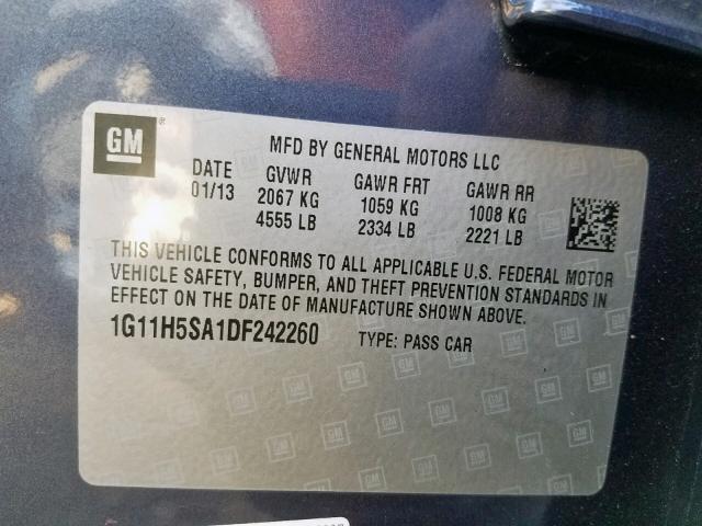 1G11H5SA1DF242260 - 2013 CHEVROLET MALIBU LTZ ლურჯი ფოტო 10