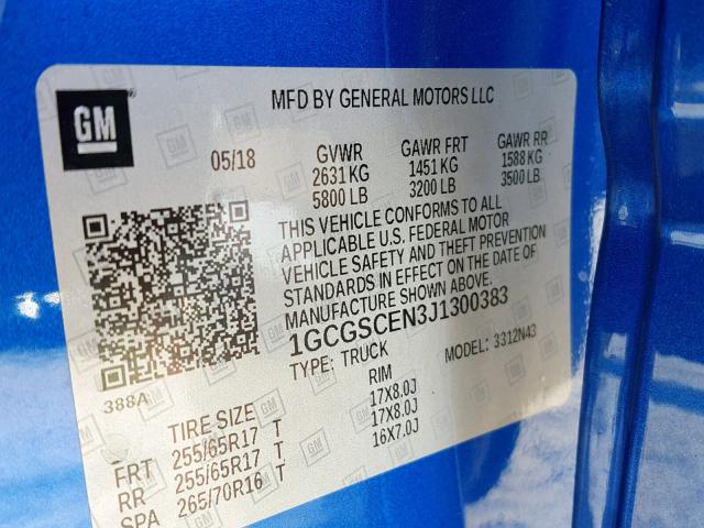 1GCGSCEN3J1300383 - 2018 CHEVROLET COLORADO L BLUE photo 10