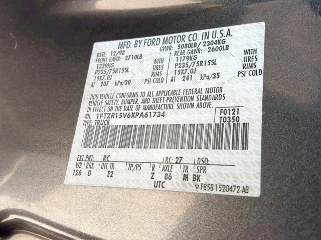 1FTZR15V6XPA61734 - 1999 FORD RANGER SUP GRAY photo 10