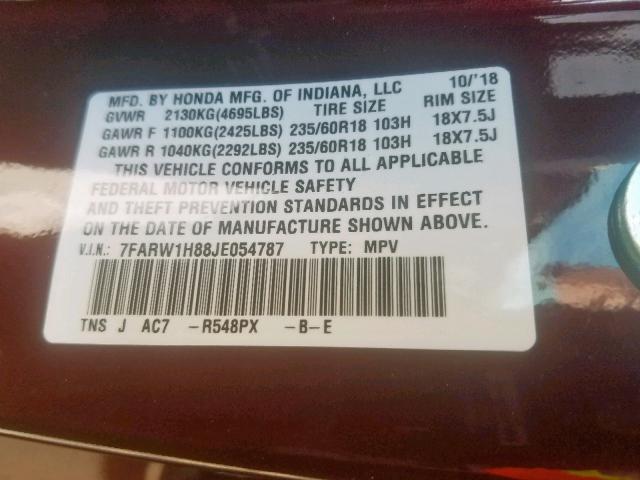 7FARW1H88JE054787 - 2018 HONDA CR-V EXL MAROON photo 10