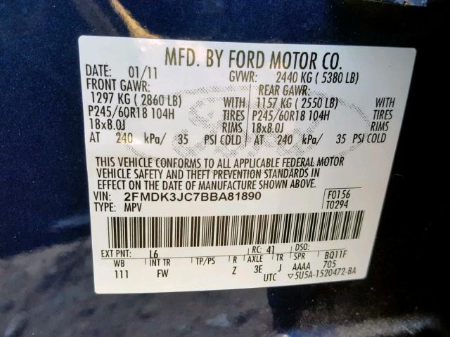 2FMDK3JC7BBA81890 - 2011 FORD EDGE SEL BLUE photo 10