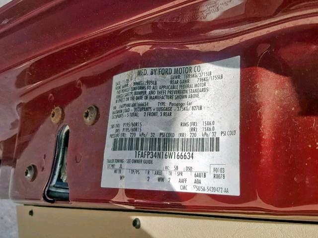 1FAFP34N16W166634 - 2006 FORD FOCUS ZX4 MAROON photo 10